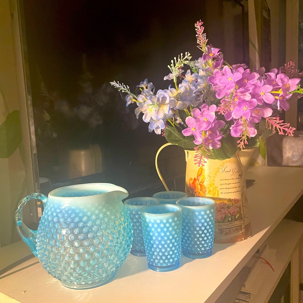Blue Hobnail Glass Pitcher and Tumbler Set